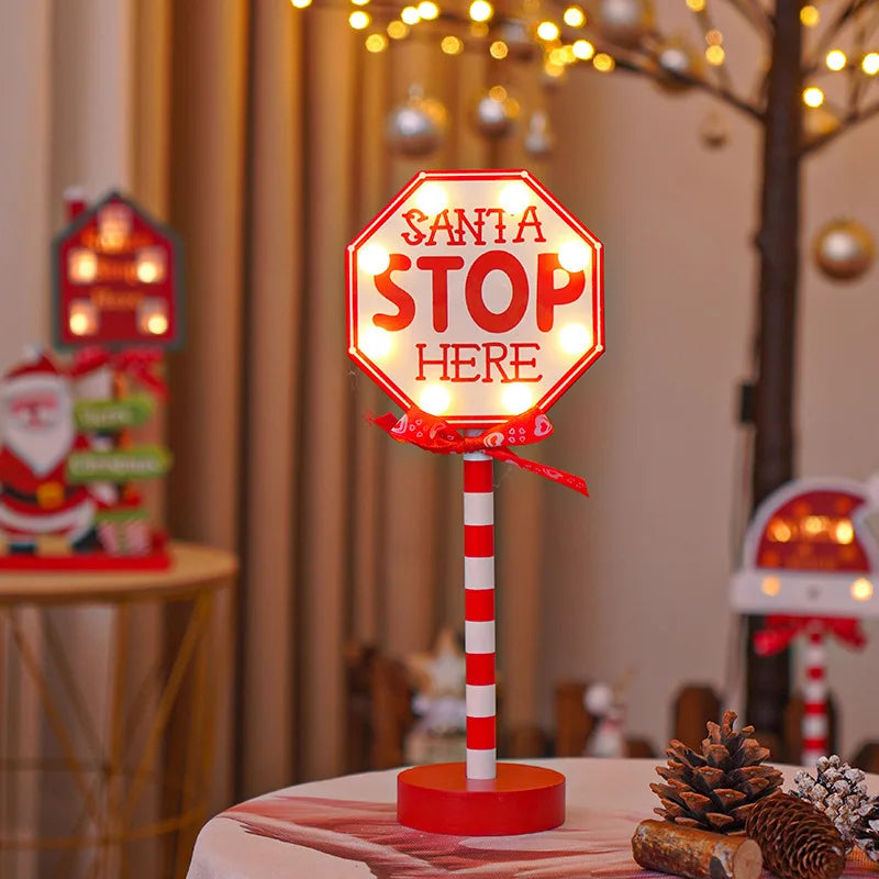 Christmas Retro Lamp LED Light Santa Stop Here Street Sign Xmas Wooden Desktop Home Decoration Navidad 2025 New Year Kids Gift