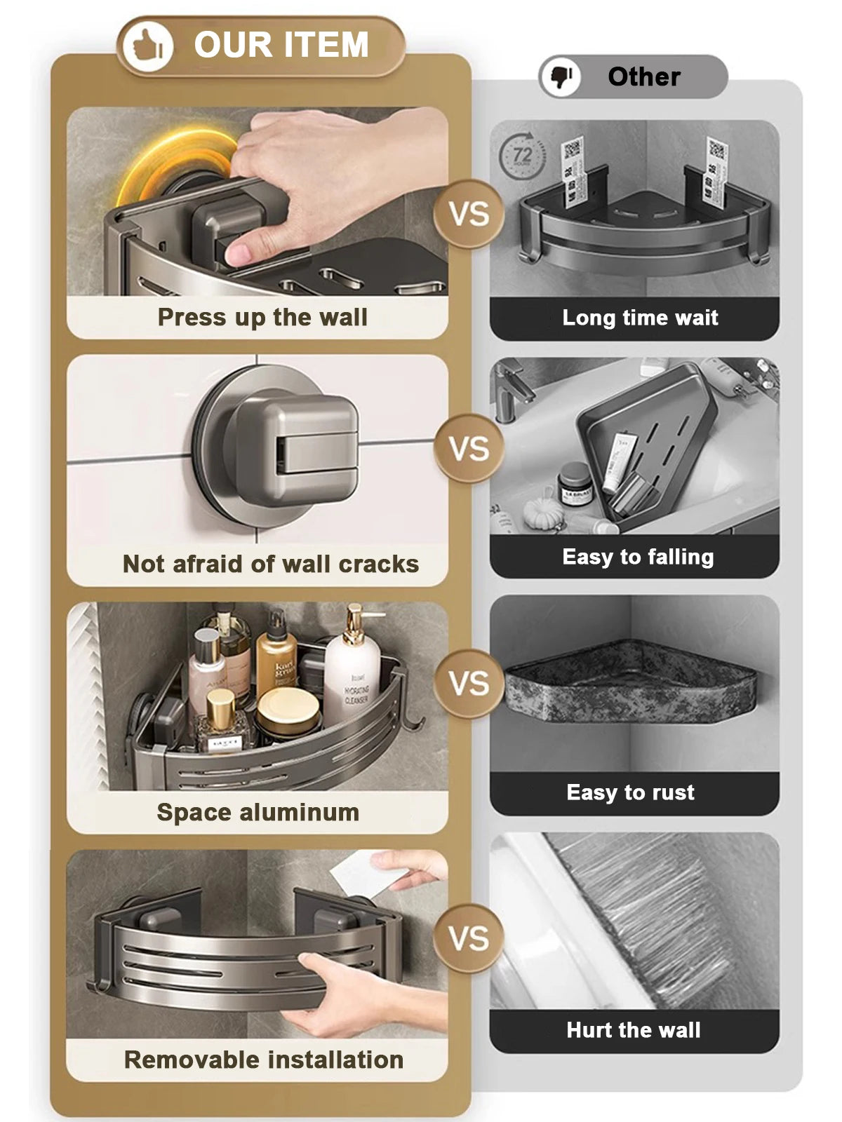 Triangular Shower Shelf with Hooks Suction Cup No Drill Bathroom Organizer Aluminum Corner Rack for Shampoo Soap Kitchen Storage