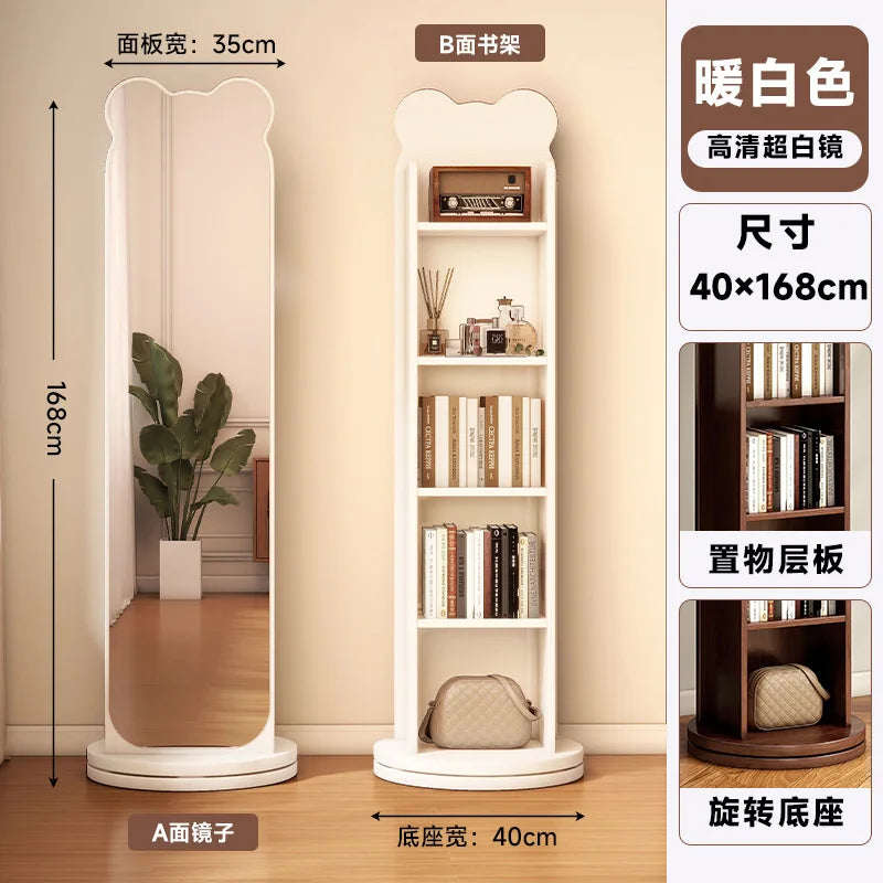 Bookshelf full-body mirror rotating mobile dressing floor mirror bookshelf integrated storage fitting mirror