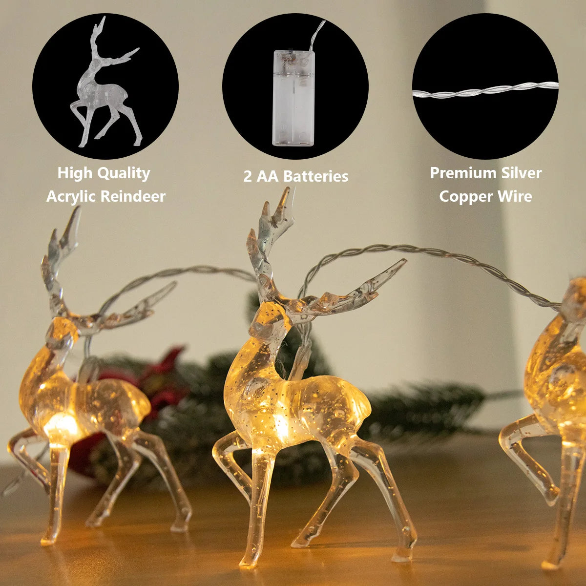 1.5/3m 3D Christmas Festive Reindeer Shaped Battery Operated String Lights Indoor Decorative LED Lights for Christmas Tree Decor