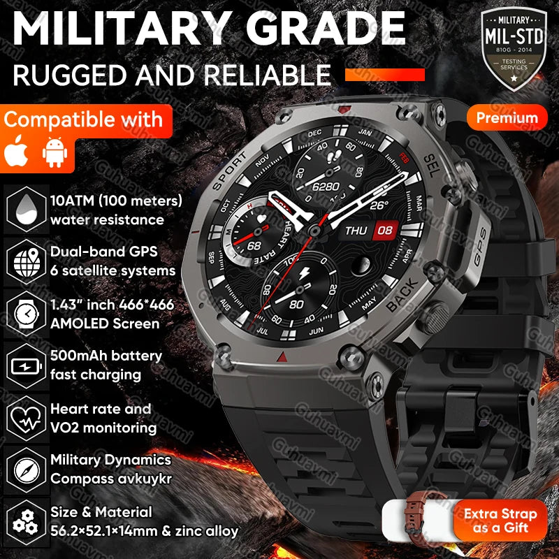 New T-Rex 3 Pro Dual-Band GPS Military Smart Watch 48mm 10ATM Water-Resistant 500mAh Battery Compass Altimeter AGPS Smart Watch