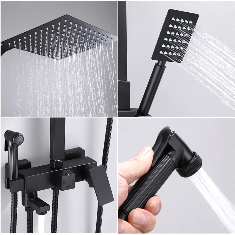 Black Gold Bathroom Shower System Brass Hot Cold Bathroom Faucets Set Accessories 10 Inch Stainless Steel Rain Shower Head