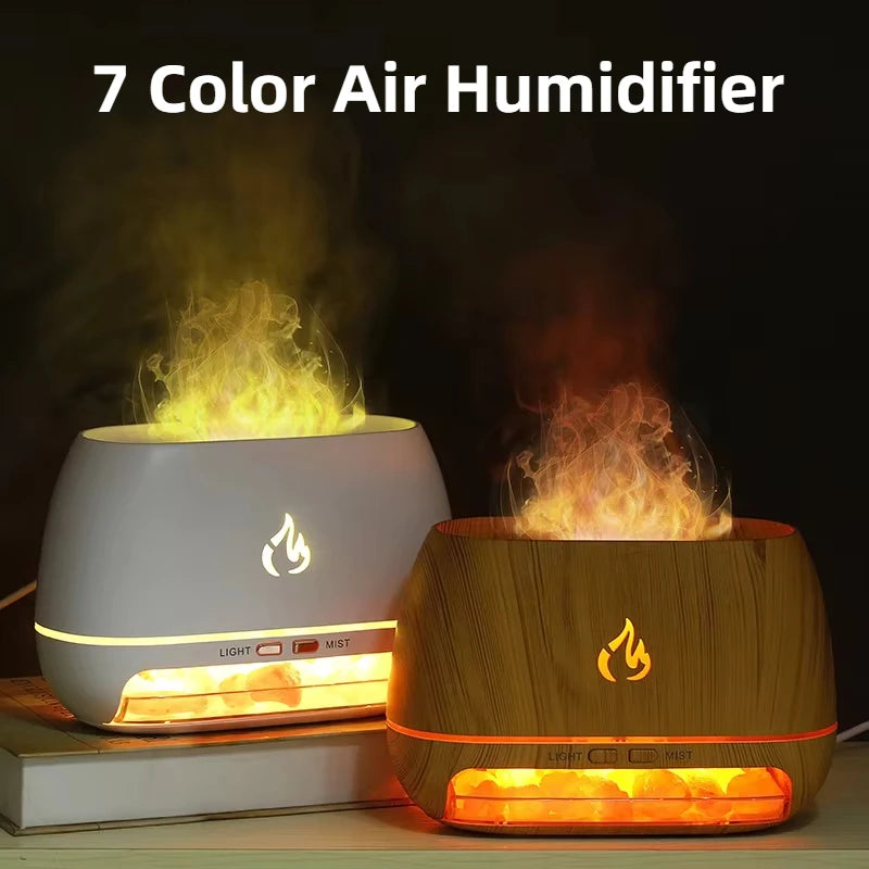 New 3D Flame Fire Aroma Air Humidifier Himalayan Crystal Salt Stone Colorful Night Light Aromatherapy Essential Oil Diffuser