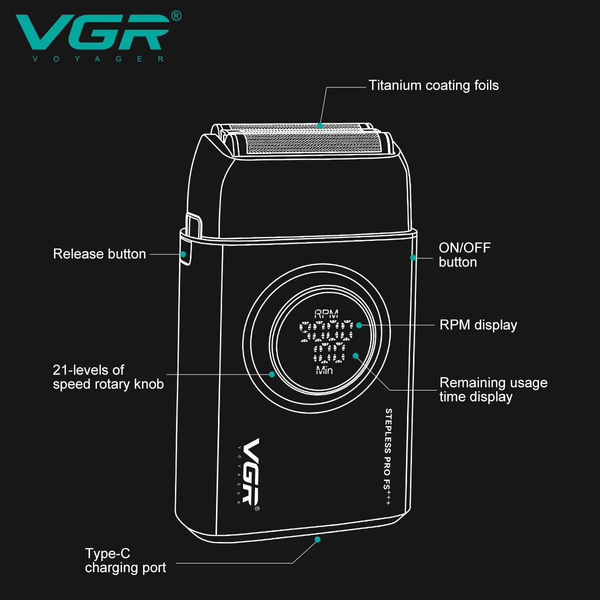 VGR high-end men's shaver alloy reciprocating three blade shaver LED intelligent digital display 9000 speed hair trimmer V-378
