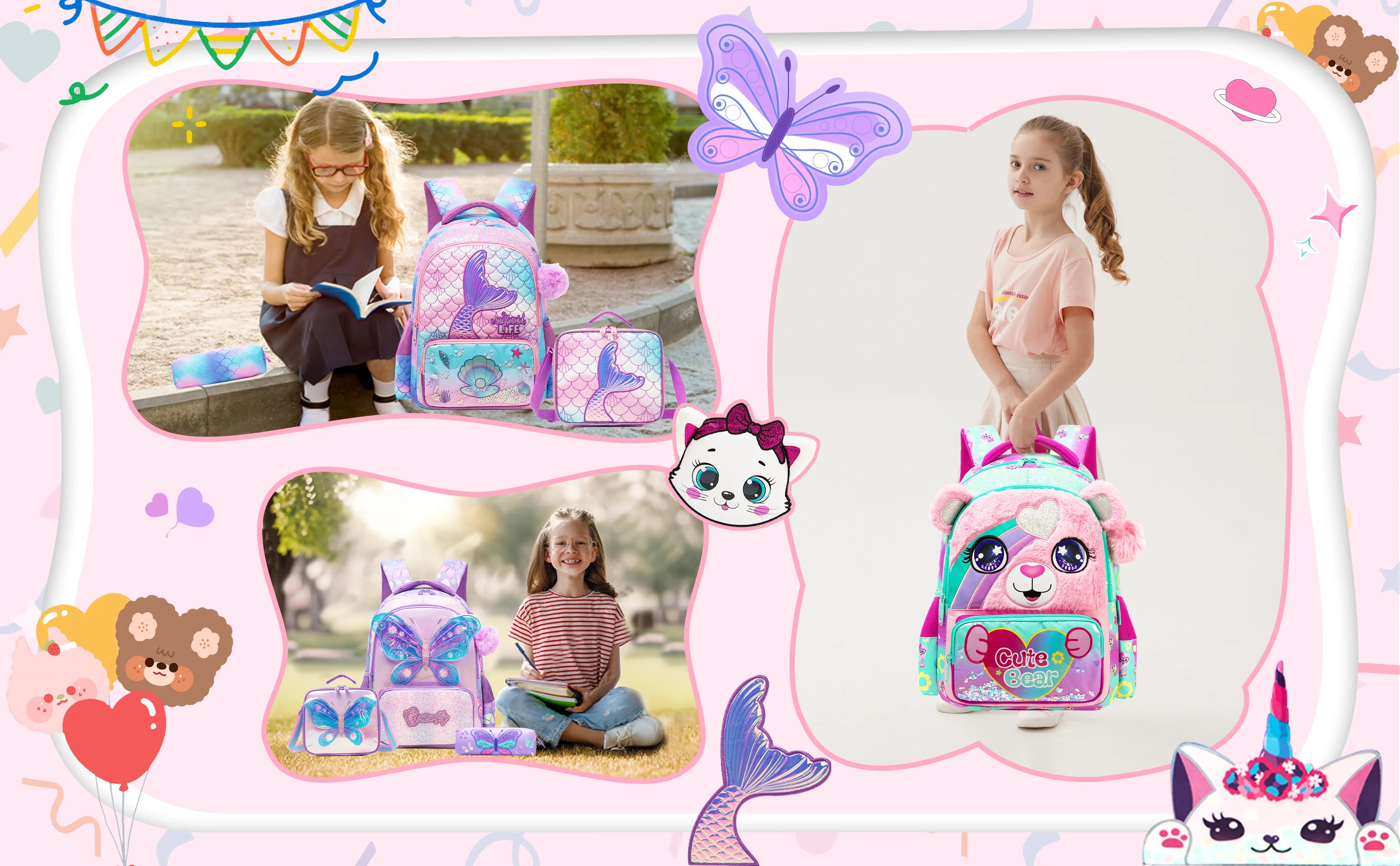 kids backpacks with Lunch Bag for girls 3pcs girls bookbag and Lunch Box Set for Elementary Middle School