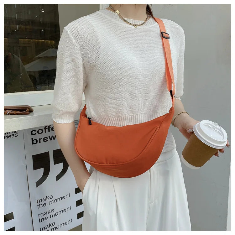 1pc Solid Color Nylon For Women Large Capacity Travel Crossbody Half Moon Daily Street Fanny Pack Waist Bag