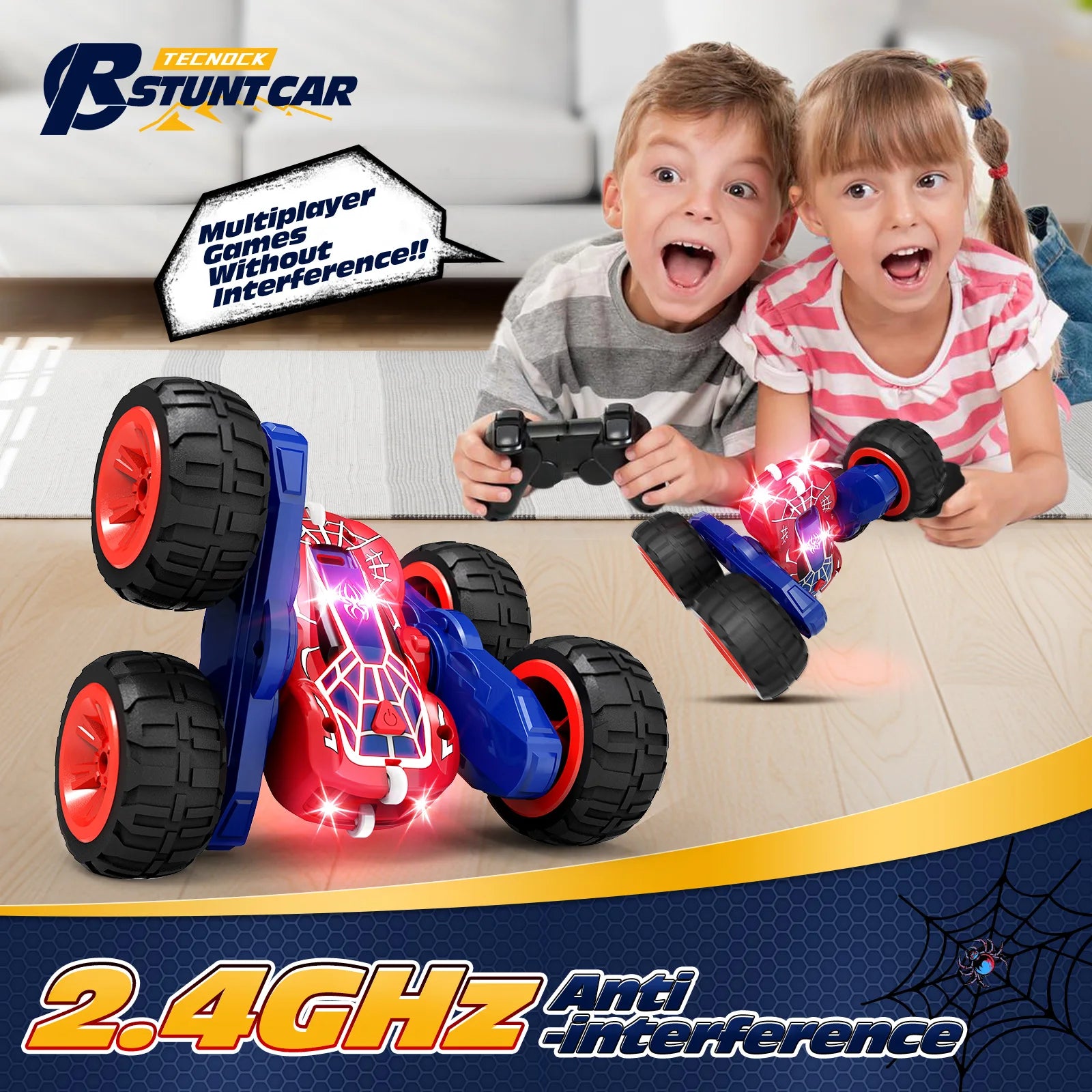 Remote Control Car with Lights, Type-C Fast Charging, 2.4GHz Double Sided Flips RC Cars, 360° Rotates RC Stunt Car Toys for Kids