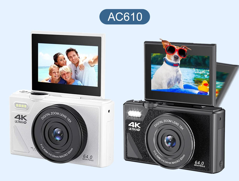Ourlife AC600 Digital Camera 4K 64MP UHD Cameras 18X Digital Zoom 180° Flip Screen Vintage Vlogging Camera for YouTube Autofocus