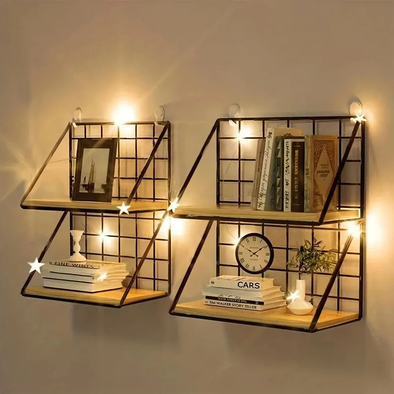 1Pcs Floating Shelves Wall Mounted Wood Storage Display Shelf with Metal Wire Basket Hanging Rack for Dorm Bedroom Bathroom