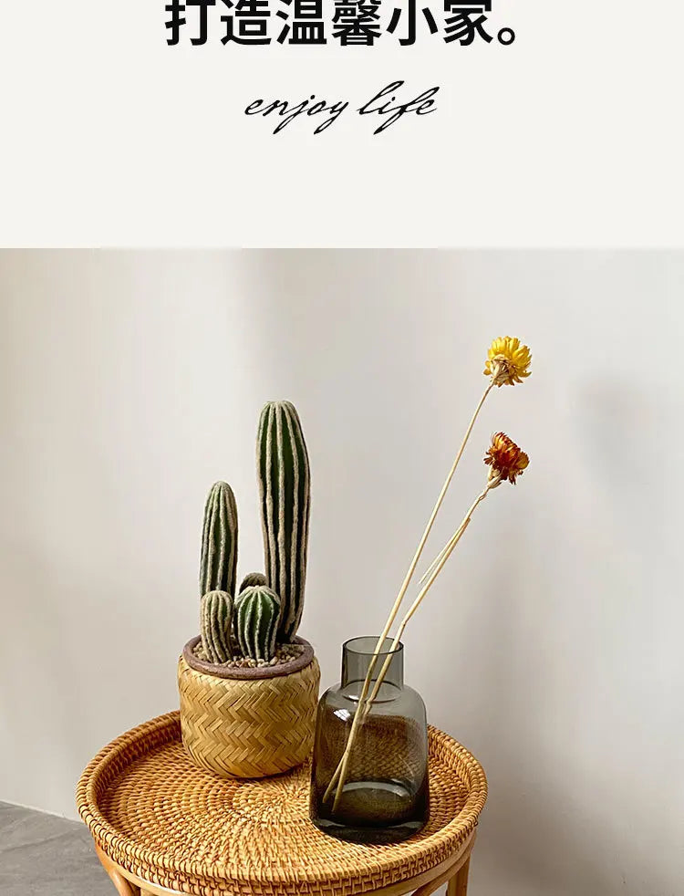 Handwoven Rattan Balcony Side Table Vintage Sofa Coffee Table  Durable Dessert and Snack Stand Japanese  Bedroom Organizer