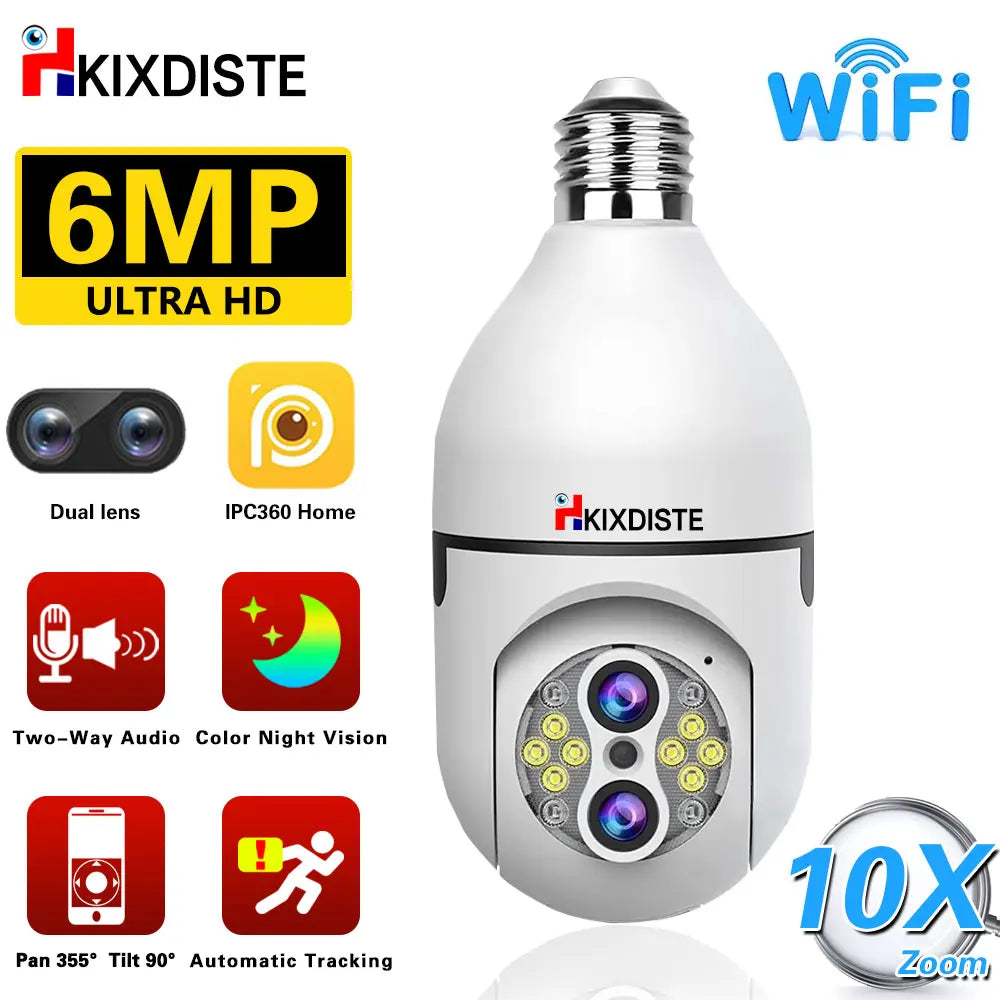 IPC360 6MP 3K Dual Lens Wireless Security Camera Auto Tracking 10X Digital Zoom 360° Panoramic WiFi PTZ IP E27 Light Bulb Camera