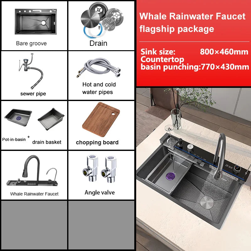 Kitchen Sink Stainless Steel Waterfall Sinks Extra Large Single Slot with Digital Display Faucet Set For kitchen