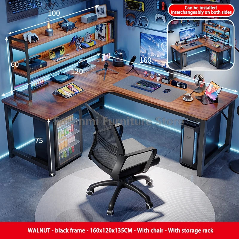 Modern L-Shaped Gaming Work Desk Chair Set Corner PC Table for Room Home Office Computer Desk and Chair Set Furniture with Shelf