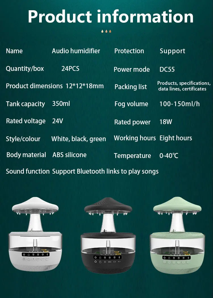 Cloud Rain Humidifier Colorful Mushroom Cloud Rain Drop Bedroom Sleep Night Light Rain Aromatherapy Machine Humidifier