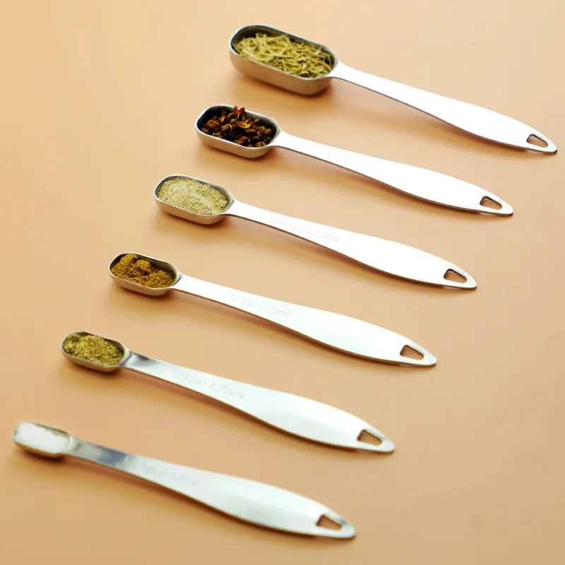 Metal Measuring Spoons for Narrow Spice Jars 6 Piece Measuring Spoons with Etched Markings & Removable Clasp