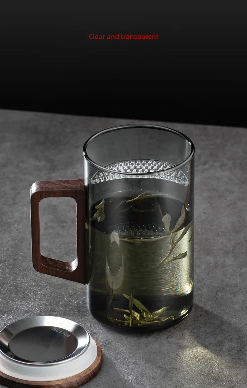 Household Portable Drinkware Transparent Glass Cup Wooden Handle Coffee Mug Kitchen Tea Making Cup Coffeeware Teaware