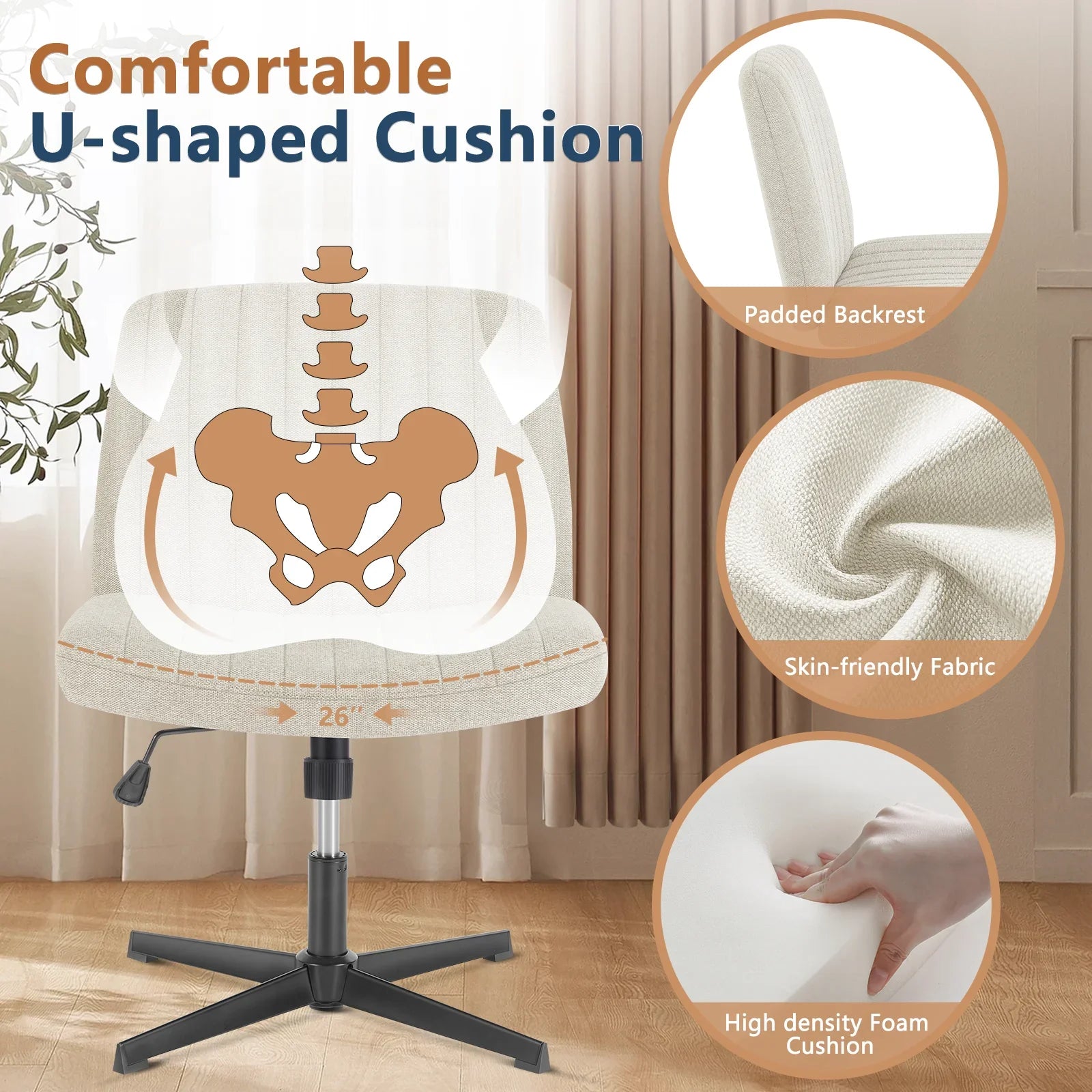 Armless Office Chair Adjustable Swivel Rocking Gaming Cross Legged Wide Desk Fabric