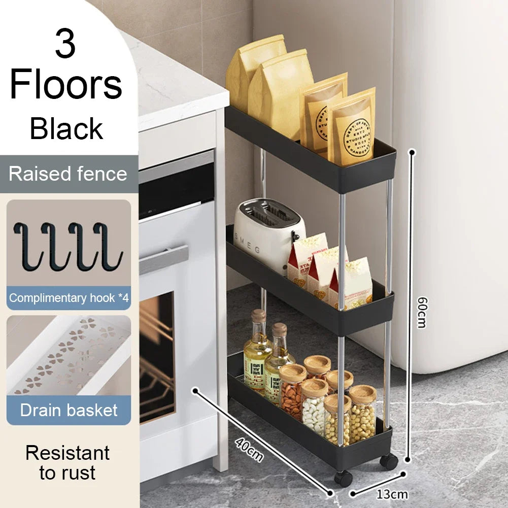 3/4 Tier Movable Gap Storage Rack Rolling Utility Cart Storage Shelf Kitchen Bathroom Slim Slide Organizer Shelf Livingroom