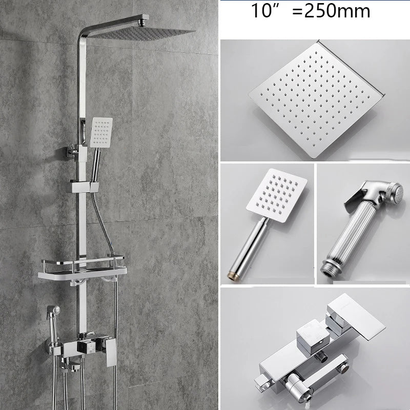 KEMAIDI Rainfall Bathroom Shower Faucet Set With Rack Shelf Bathtub Mixer Tap Black Wall Mounted Brass Bath Cabin System