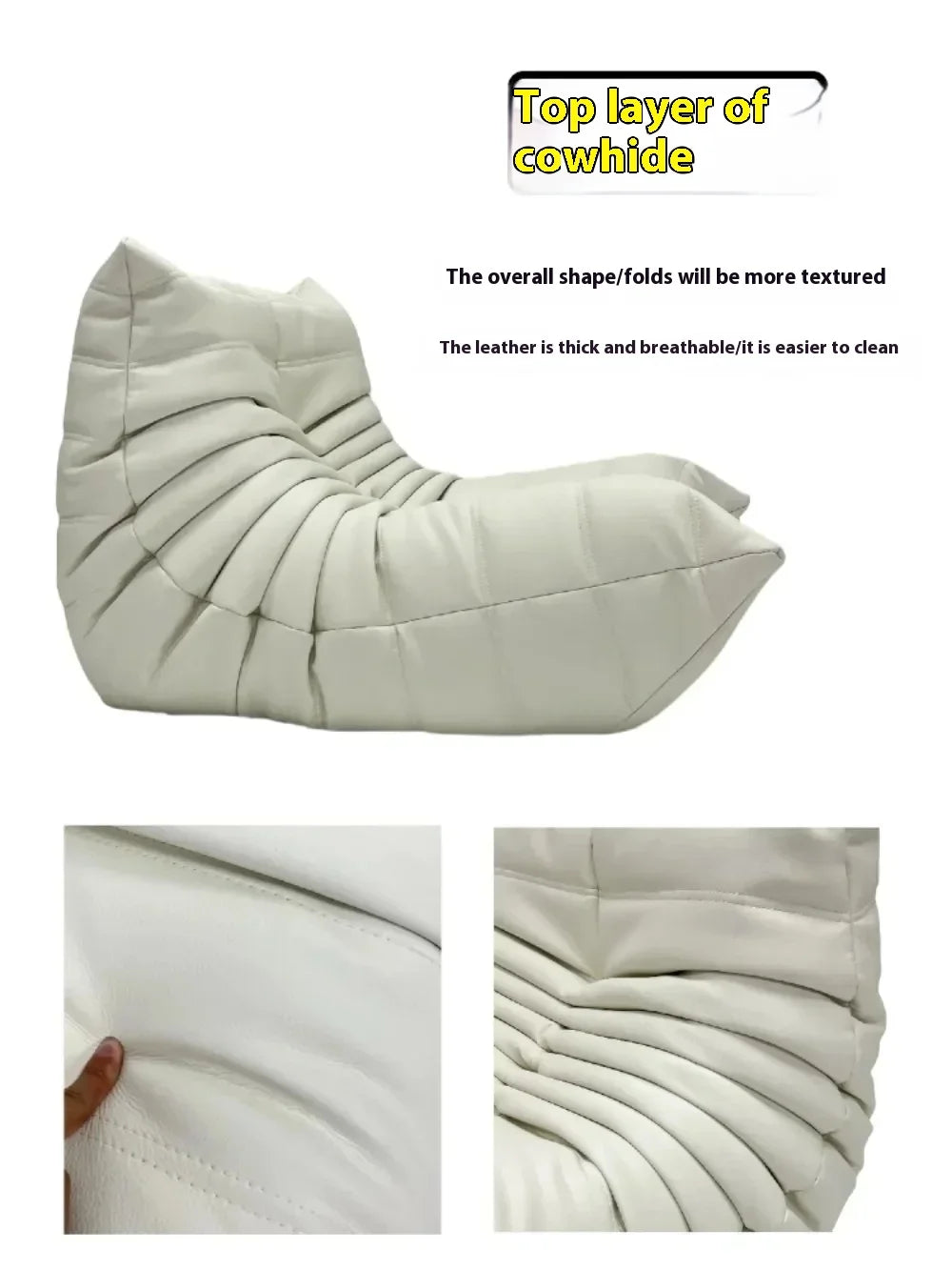 Fashion Freehand Space Original First Layer Cowhide Three-person Italian Minimalist Togo Caterpillar Lazy Sofa Lazy Sofa