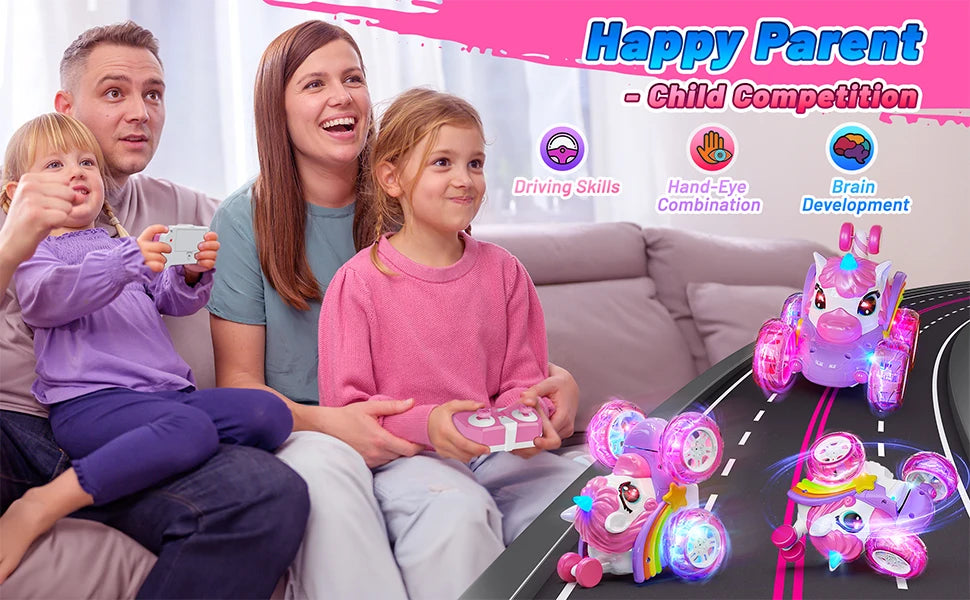 Unicorn Remote Control Car for Girls, 360° Rotating 4WD Stunt RC Cars with Cute Lights, Rechargeable Toys-Kid Birthday Gifts
