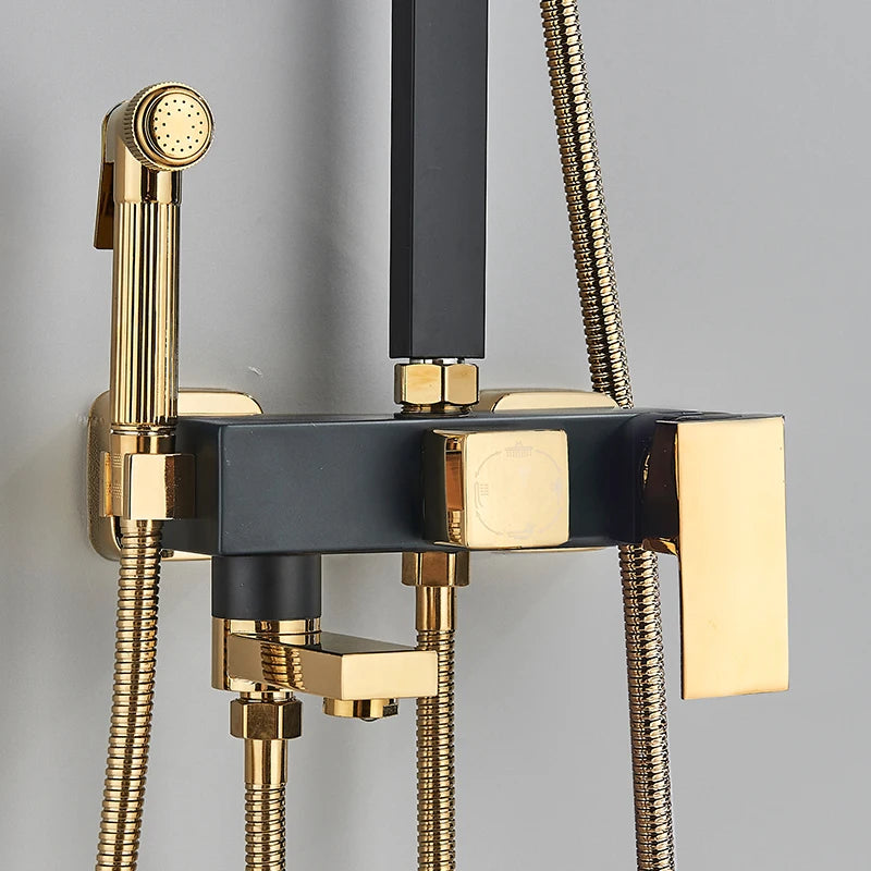 Black Gold Bathroom Shower System Brass Hot Cold Bathroom Faucets Set Accessories 10 Inch Stainless Steel Rain Shower Head