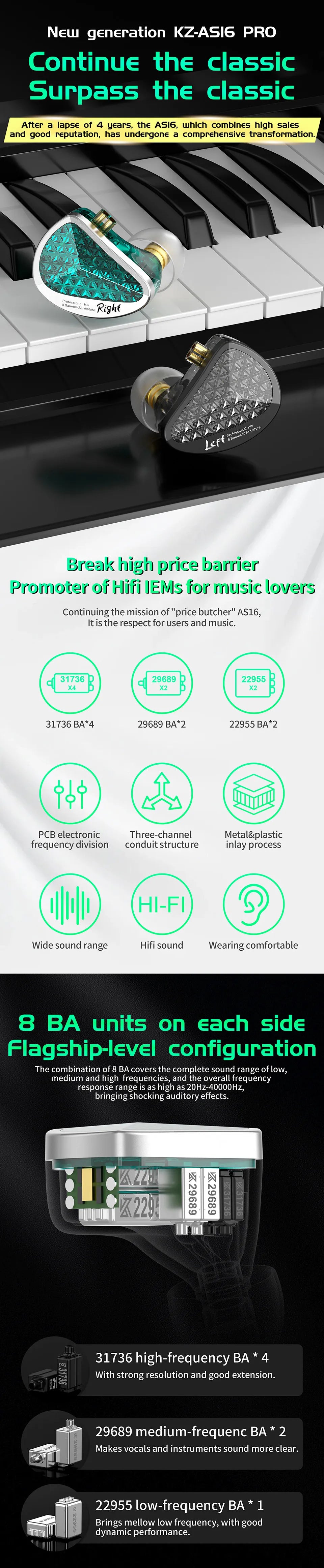 KZ AS16 Pro In Ear Earphones 16BA Balanced Armature HIFI Bass Monitor Headphones Noise Cancelling Earbuds Sport Headset AS12 ZSX