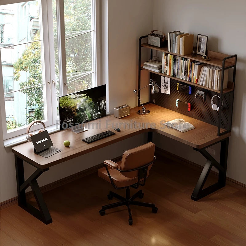 Industrial Style Solid Wood Office Desk Space-Saving L-Shaped Corner Computer Desk Home Writing Gaming PC Table with Steel Legs