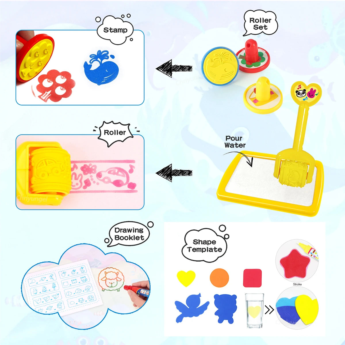 No Mess Kids Water Drawing Mat  Doodle Coloring Board with Magic Pens & Stamps Educational Montessori Toy Gift for Boys Girls