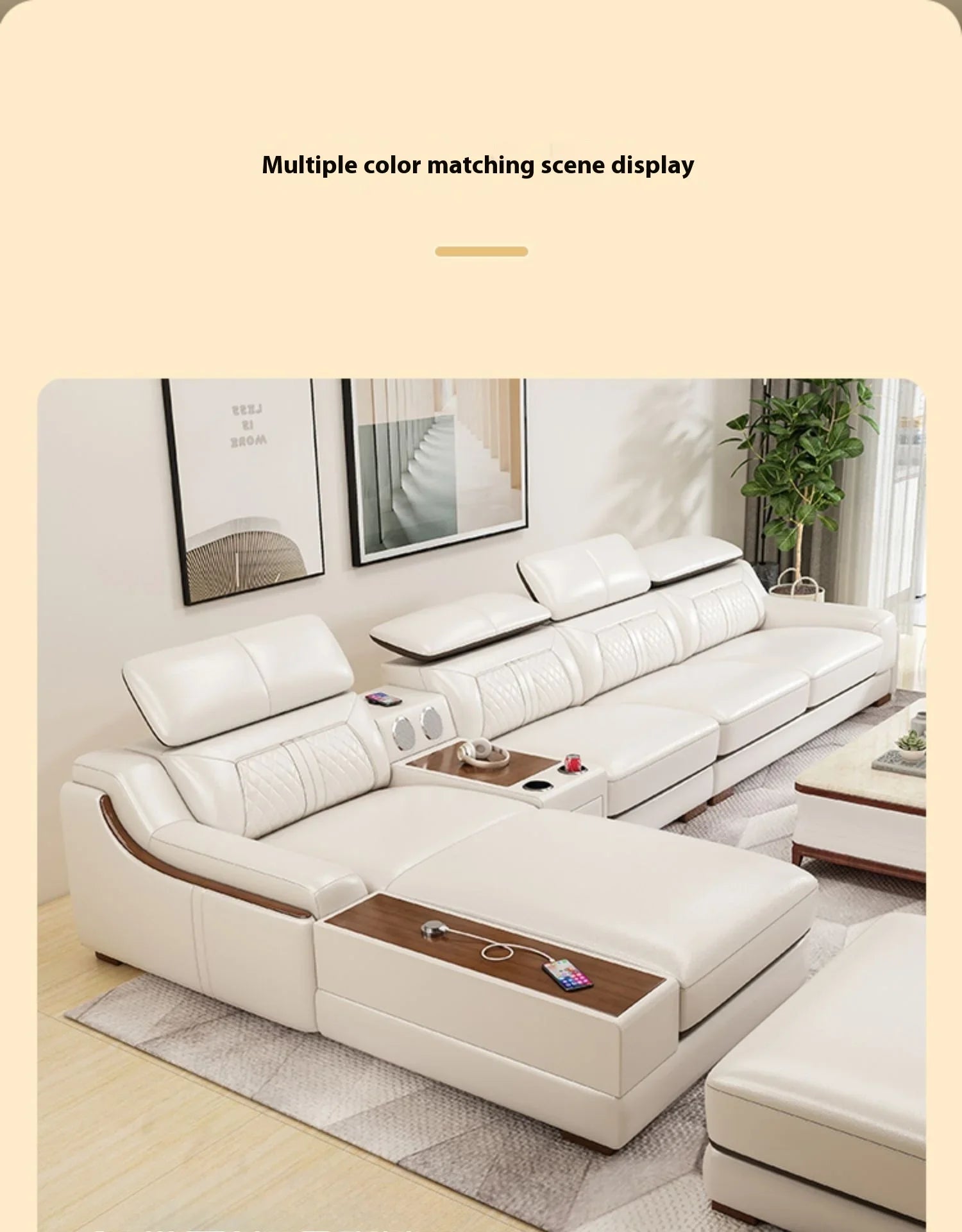 Stylish Italian Genuine Leather Sofa for Living Room with Cup Holder, USB, Adjustable Headrests & Bluetooth Speaker - Lazy Sofa