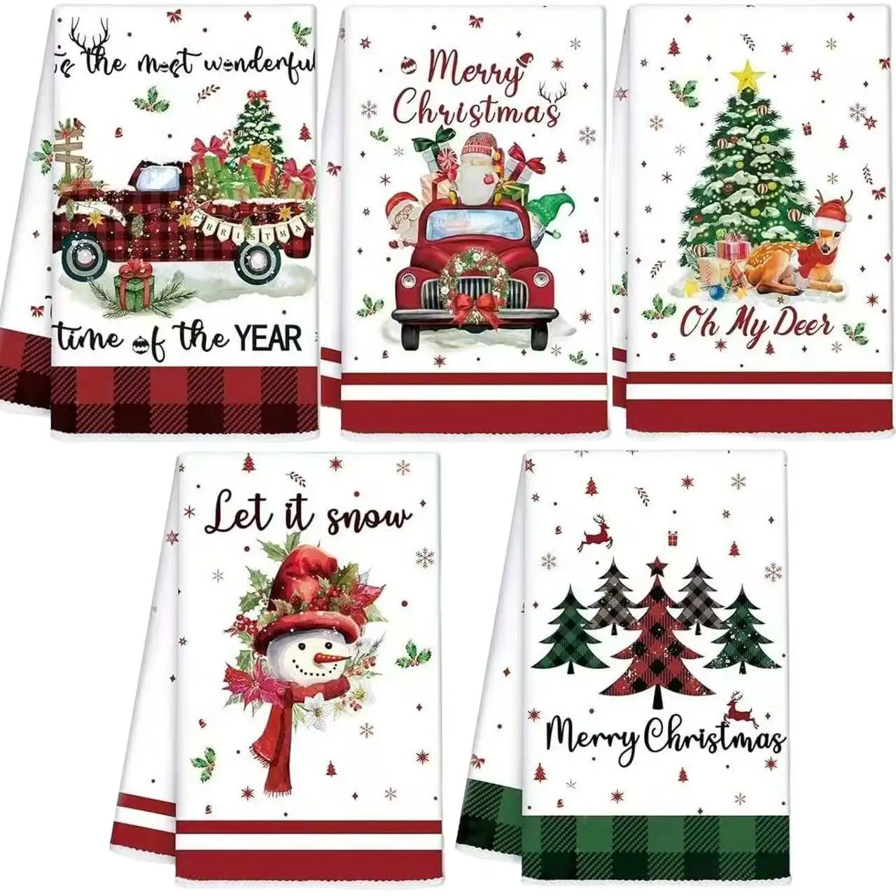 5Pcs Christmas Kitchen Towels and Dishcloth Absorbent Santa Snowman Truck Hand Dish Tea Towel Winter Holiday Decoration for Xmas