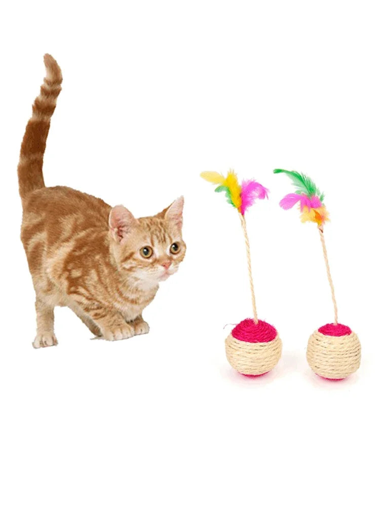 1PC Pet Cat Toy Colorful Feather Blanket Ball Grinding Claw Interactive Play Ball Cat Toy Sisal Shuttlecock Ball