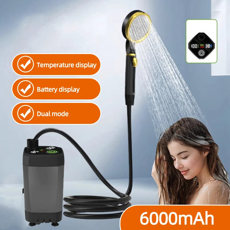 Portable camping shower equipment, 6000mAh rechargeable, LED display screen, outdoor simple electric mobile shower set