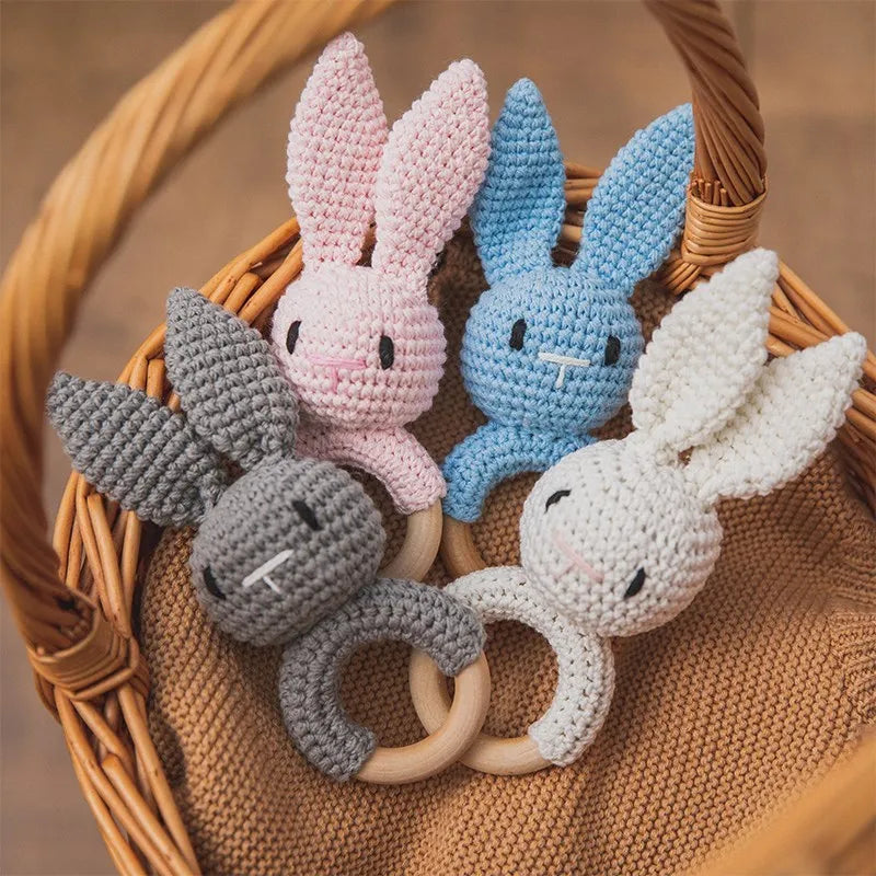 Let's Make Baby Rattles Crochet Bunny Rattle Toy Wood Ring Baby Teether Rodent Baby Gym Mobile Newborn Educational Rattles Toys