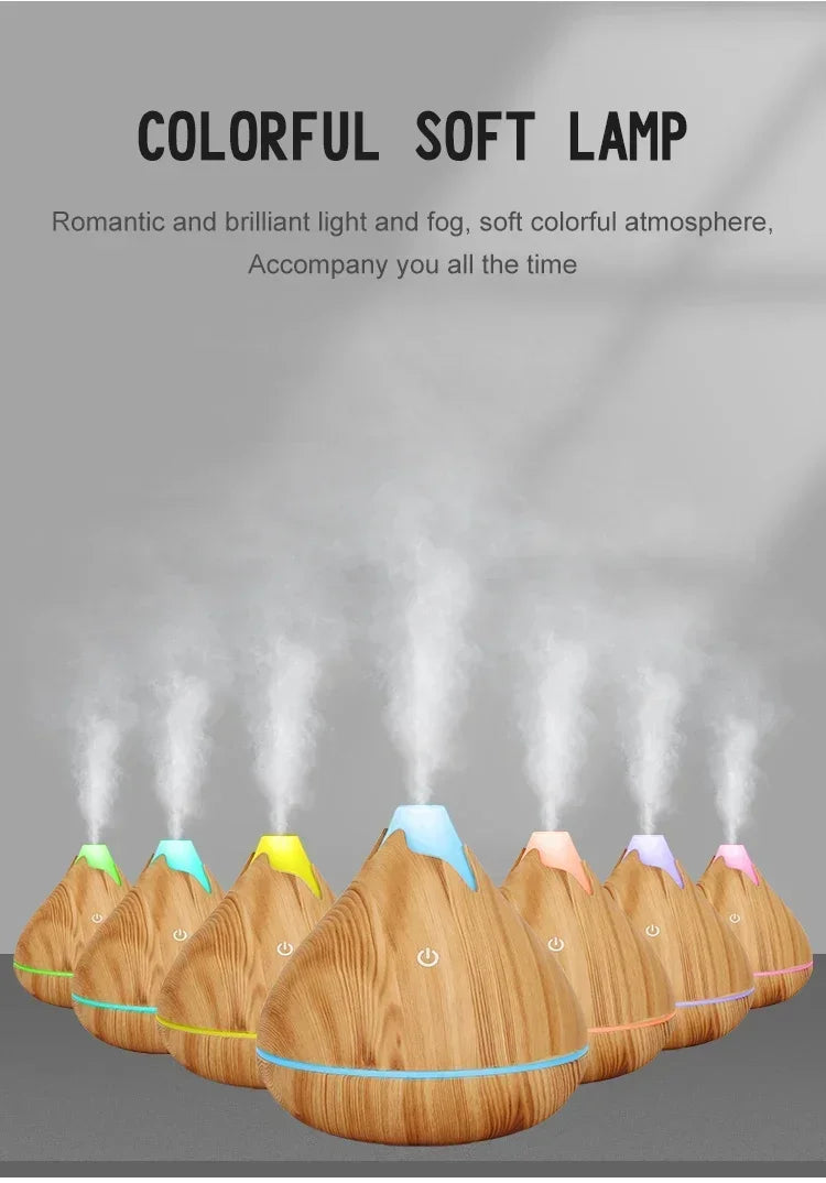 350ML Aromatherapy Essential Oil Diffuser Wood Grain Remote Control Ultrasonic Air Humidifier Cool with 7 Color LED Light