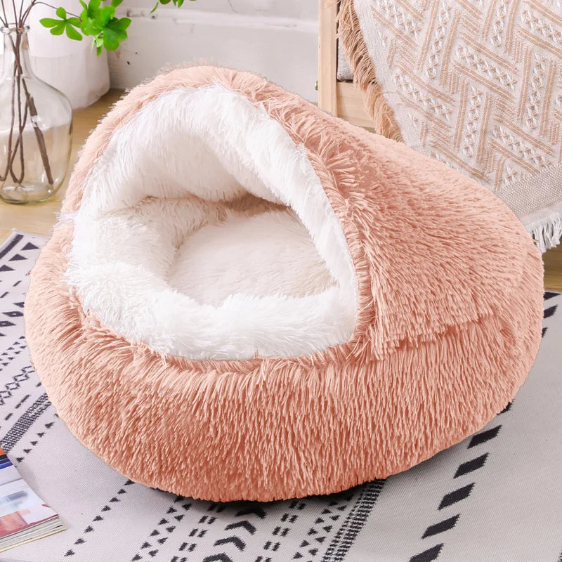 Snooze Cat Bed Round Plush Fluffy Hooded Cozy Cat Bed Cave for Indoor Donut Self Warming Small Dog Bed Anti-anxiety for Winter