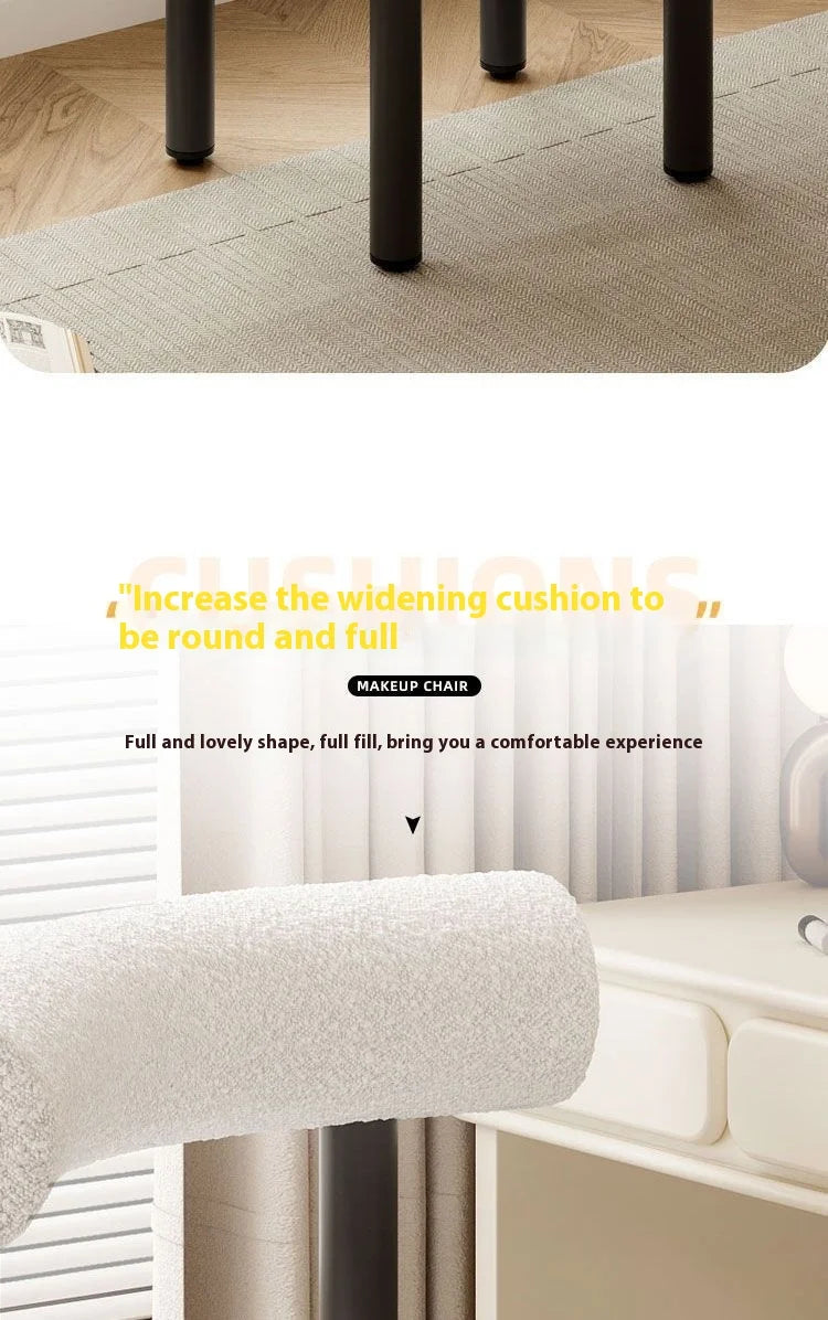 Cloud Vanity Stool Plush Lambwool Round Silhouette, Bedroom Makeup Chair with Designer Cloud Aesthetic Ergonomic Lumbar Support