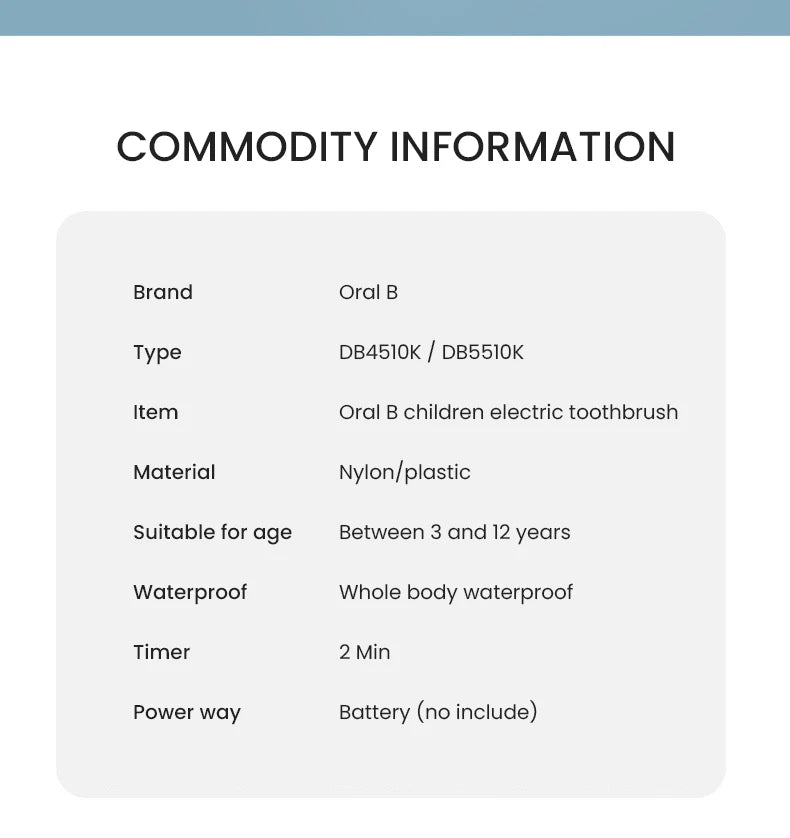 Oral B DB5510K Electric Toothbrush Children Rotary Teeth Brush Soft Bristles 2Min Timer Waterproof Battery Powered For 3-12 Ages