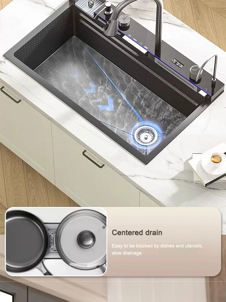 Kitchen Sink Stainless Steel Waterfall Sinks Extra Large Single Slot with Digital Display Faucet Set For kitchen