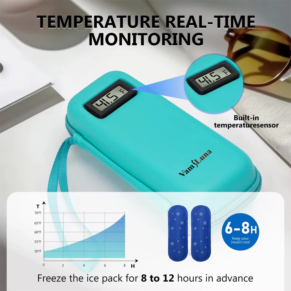 Waterproof Insulin Cooler Daily Travel Case with 2 Ice Pack With Thermometer Display Diabetic Cooler Medication Refrigerated Bag