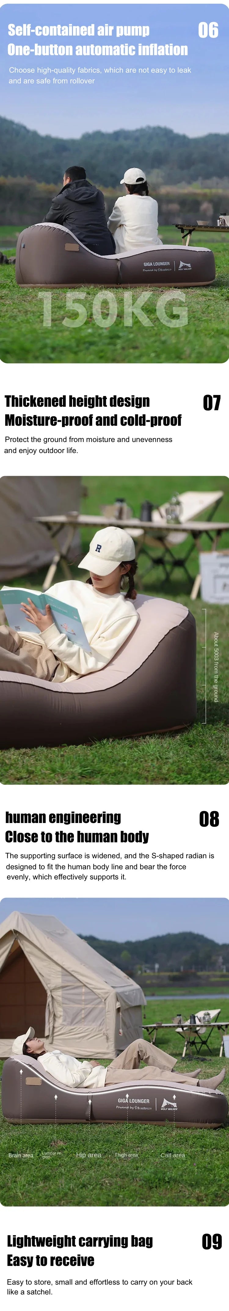 One Click Automatic Inflatable Chair, Outdoor Portable Camping Inflatable Sofa  USB Charging  Family Travel Lazy Air Cushion Bed