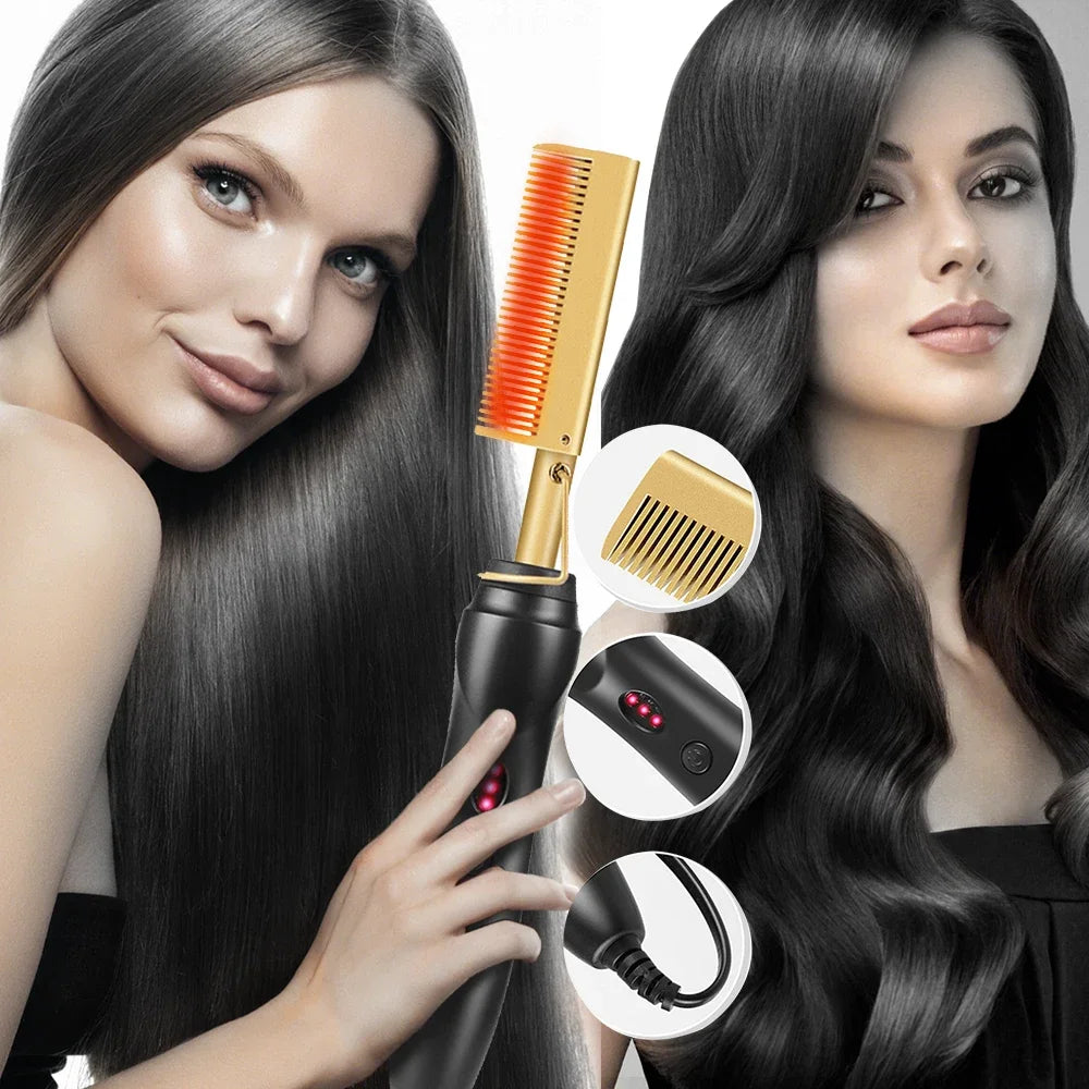 2 in1 Hot Comb Hair Straightener Electric Heating Comb Fast Heating Dry Hair Portable Travel Anti-Scald Press Comb Styling Tools