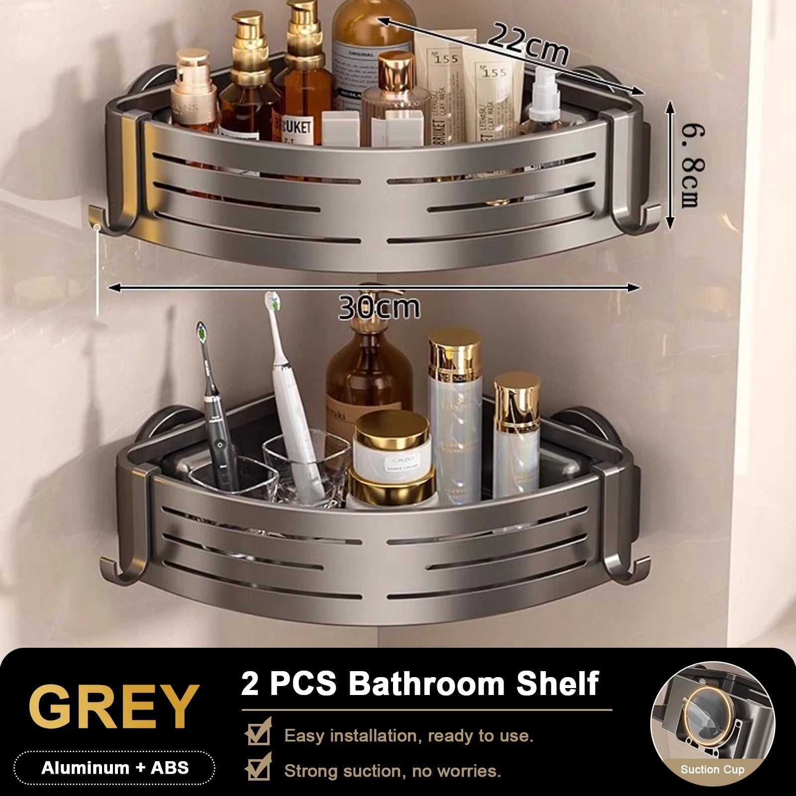 Triangular Shower Shelf with Hooks Suction Cup No Drill Bathroom Organizer Aluminum Corner Rack for Shampoo Soap Kitchen Storage