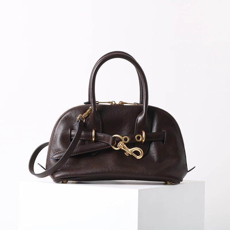 2025 Luxury Brand Genuine Leather Women Handbags Fashion Gold Buckle Shoulder Bags Women Spring Retro Sheepskin Boston Bags Lady