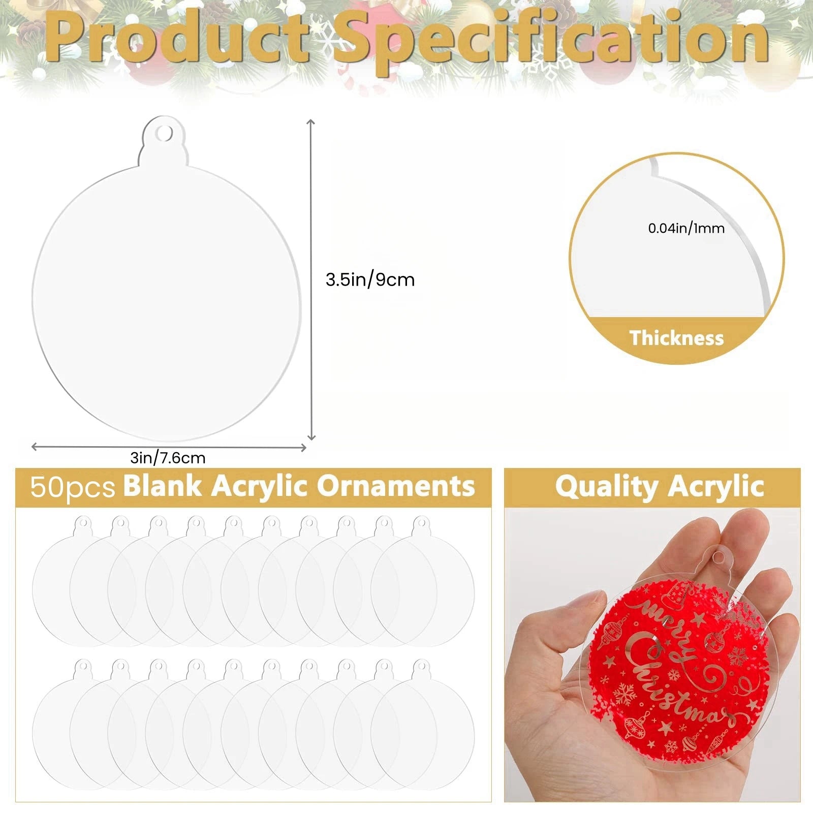 50pcs 3 Inch Clear Blank Acrylic Christmas Ornaments 2023 Unfinished Round Acrylic Christmas Ornaments For DIY Craft Hanging Orn