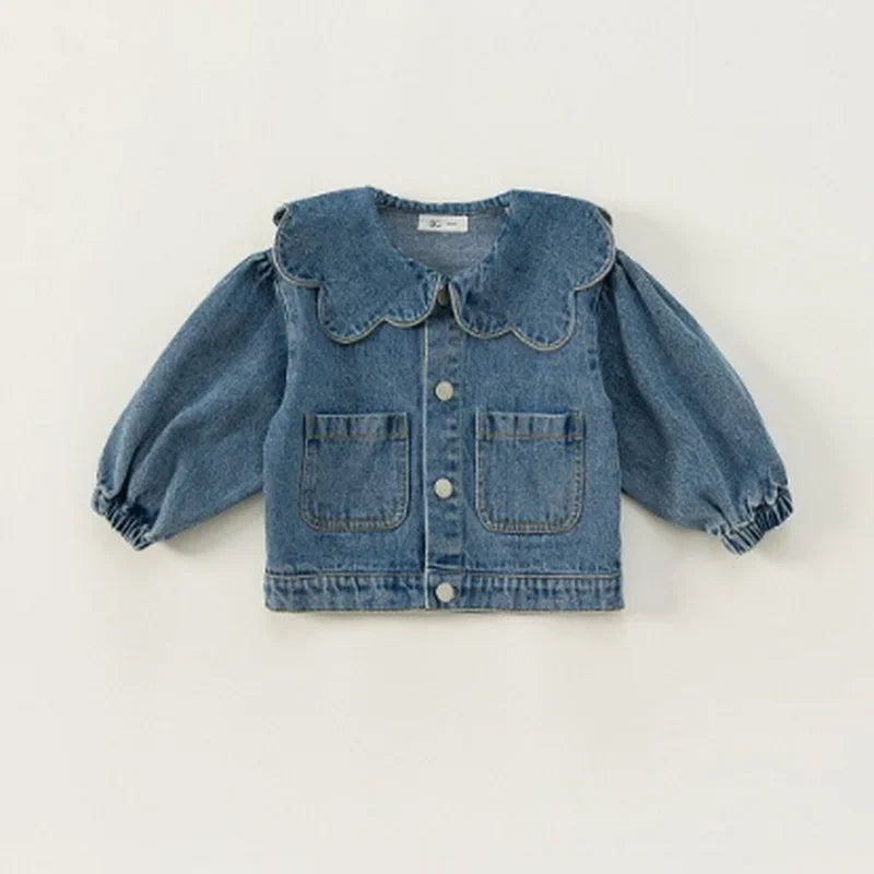 Korean Style Spring Autumn Kids Girl Denim Coat Ruffle Collar Long Sleeve Outerwear Children Fashion Versatile Clothes E82075