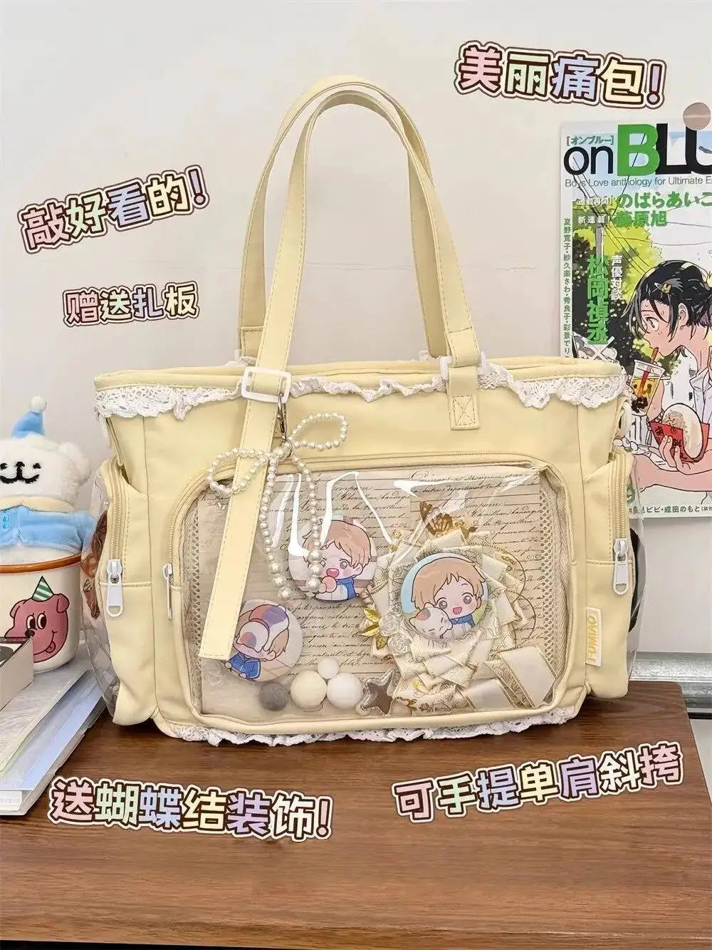New Y2K Cute Japanese Ita Bag Lolita Girl Transparent Shoulder Tote Bag Large Capacity Crossbody Casual Bag DIY Display Handbags