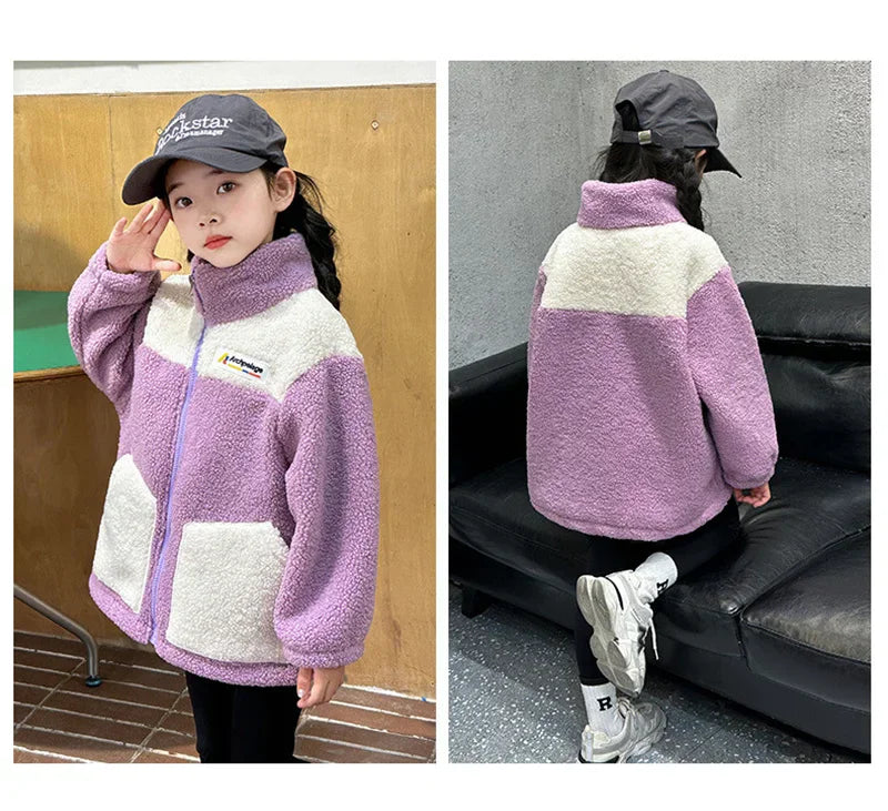 LambWool Warm Jackets For Girls Children Autumn Winter Outerwear Kids Plus Velvet Coats New Teenager Fashion Padded Clothing