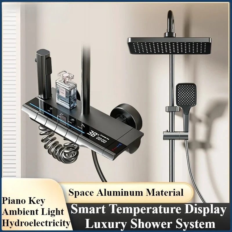 Smart Temperature Digital Display Shower Set Bathroom Wall Mounted Piano Key 4 Ways Water Outlet Rainlfall Shower Faucet System