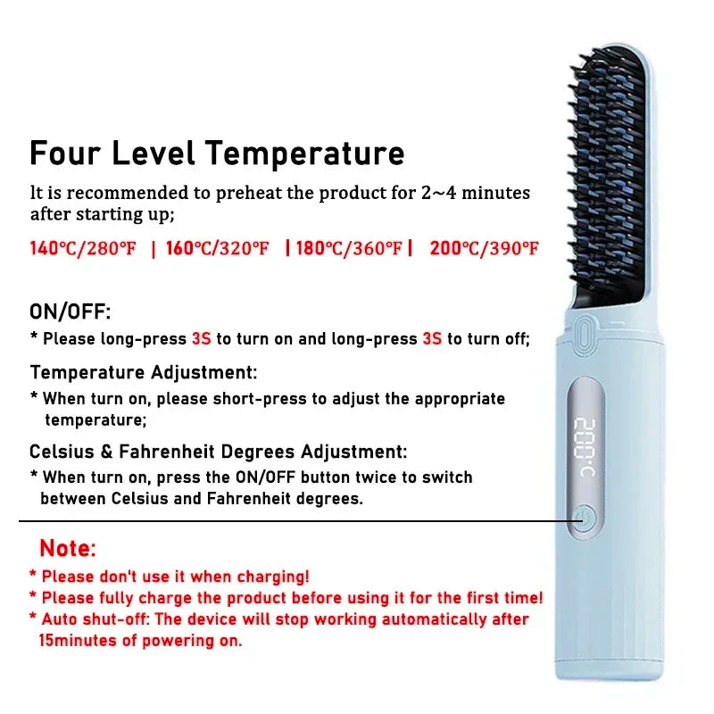 Wireless Electric Heating Straight Hair Comb Rechargeable Portable  Negative Ion Anti-scalding Hair Straightener For Home Travel